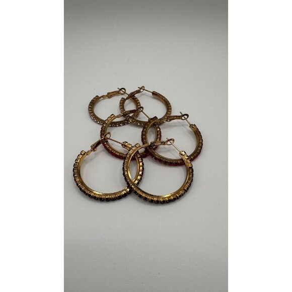 Lot of 3 Pair Red Black Clear Crystal Hoop Gold Tone Earrings Fashion Jewelry - Picture 1 of 16